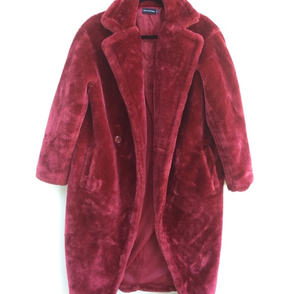 Pretty Little Thing Faux Fur Long Burgundy Coat 2 - Picture 2 of 5